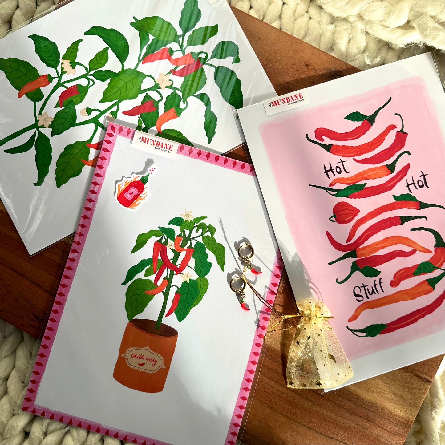 Gift Set - 3 Chilli A4 Art Prints, Chilli Charm Earring & Sticker
