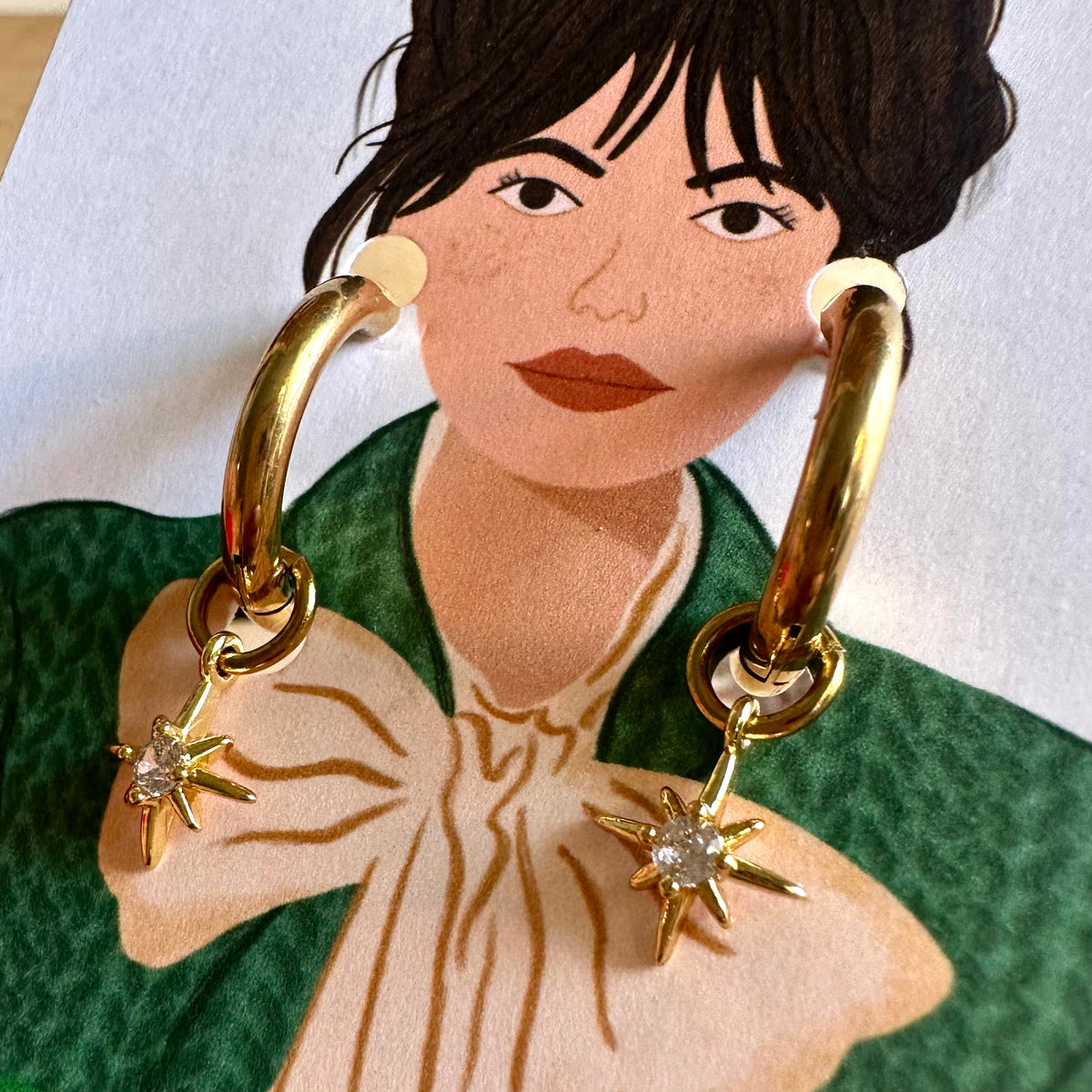 ✨ 18K Gold Rhinestone Star Charm Detachable Charm Hoop Earrings