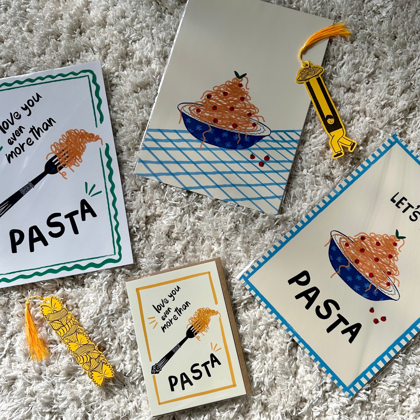 Gift Set - 3 A4 Pasta Art Prints, Greeting Card & 2 book marks