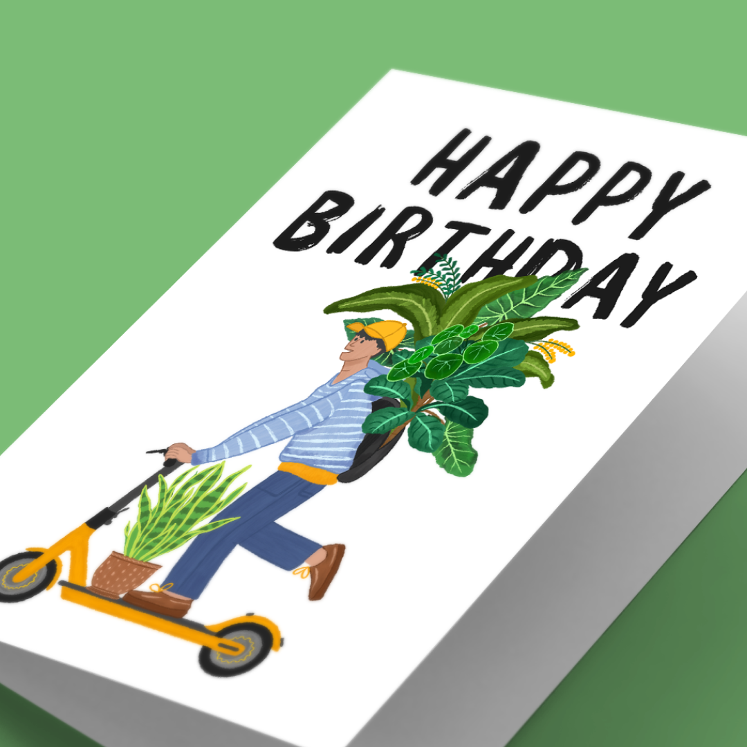 Balancing Too Many Plants on a Scooter Birthday Greeting Card