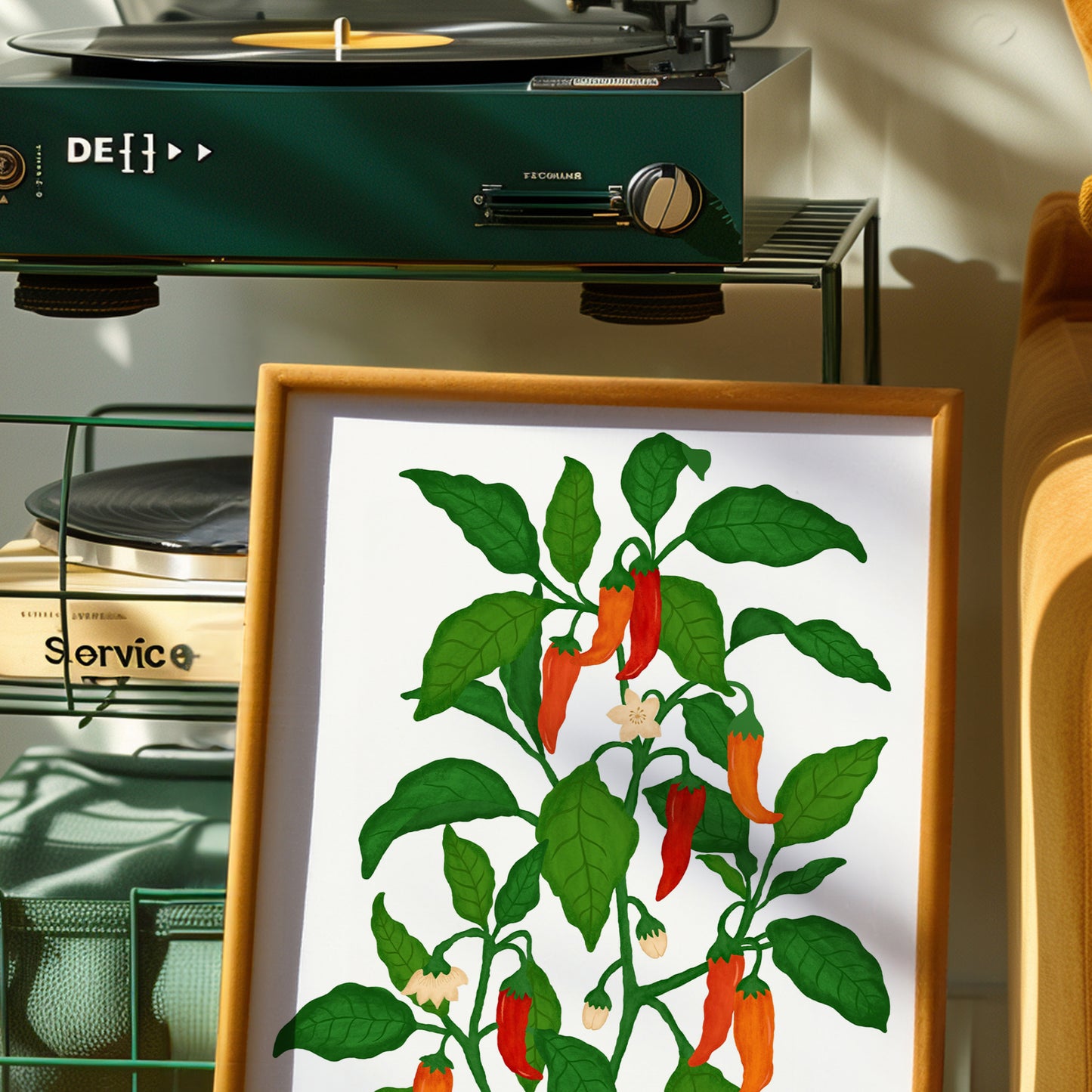 A framed art print featuring a stylized illustration of a chili pepper plant with green leaves and red-orange peppers on a white background, styled in a warm, sunlit room next to a green turntable.