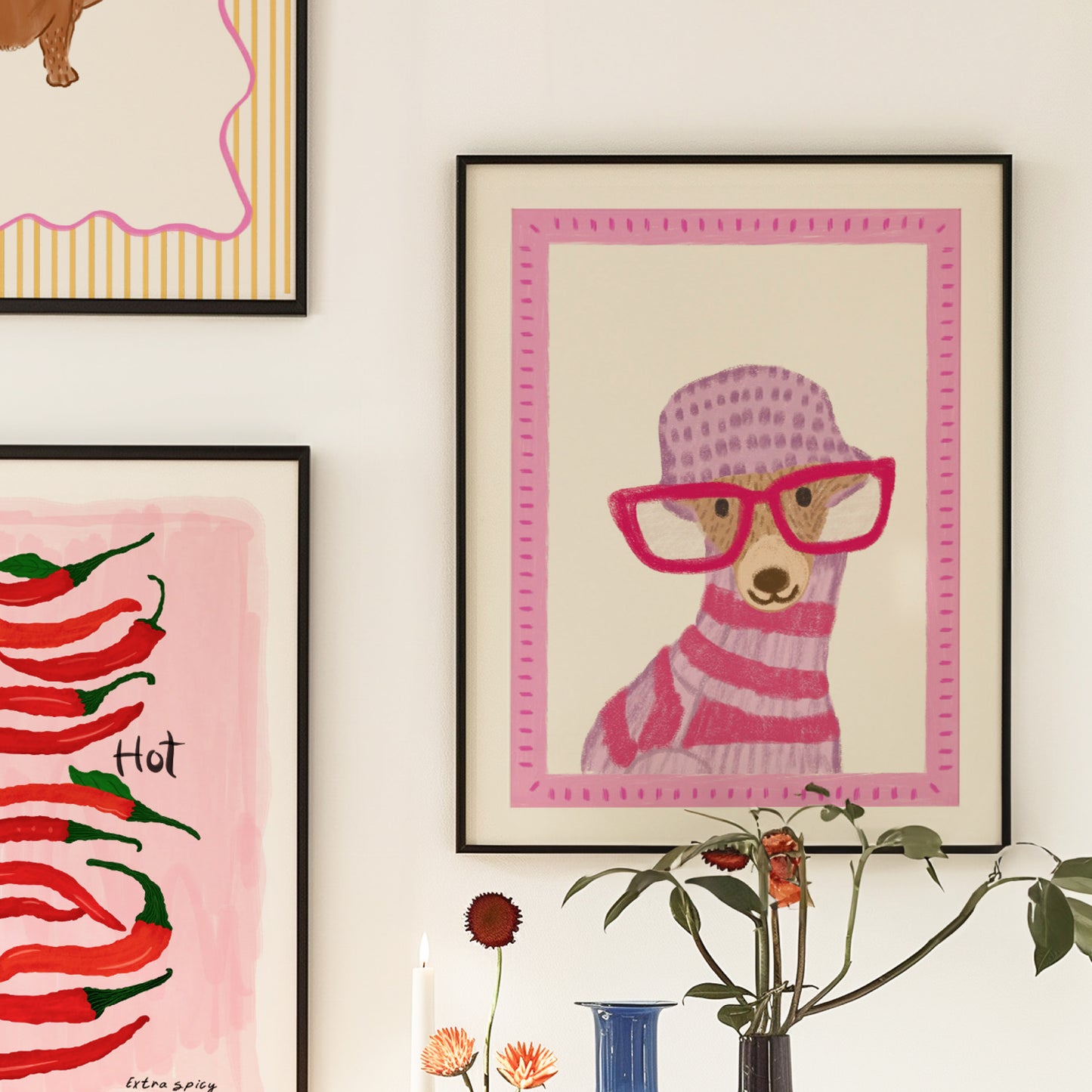 The mundane Brighton gift shop - Framed Pink Oversized glasses Dog Art Print & greeting card - Gift for dog lovers - gift for him - gift for her
