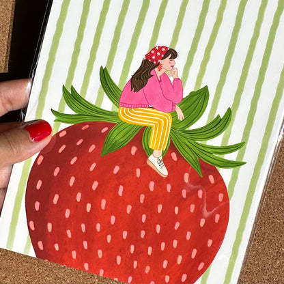 Illustration of a person sitting on a strawberry with a striped background