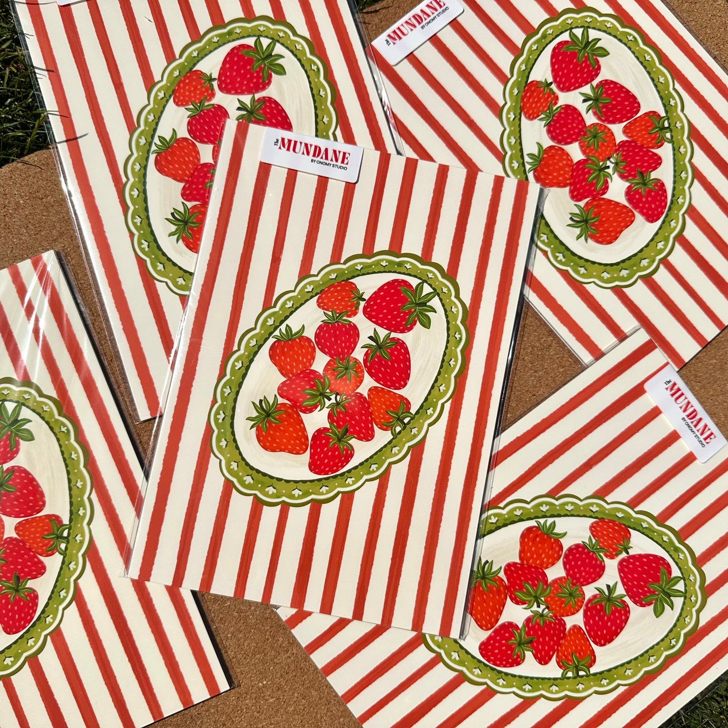 Red and white striped paper bags with strawberry design on a brown surface