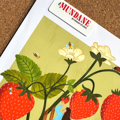 Illustration of strawberries and flowers with 'The Mundane' by Nomis Studio in the corner.