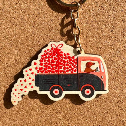 Love Truck Sausage Dog Wooden Keyring