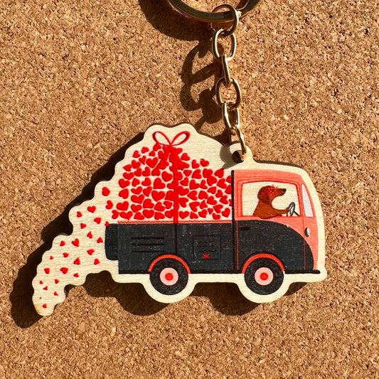 Love Truck Sausage Dog Wooden Keyring