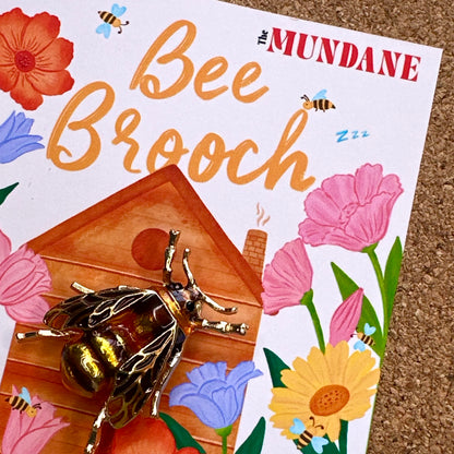 Enamel Gold Bee Brooch / Pin on a wild flower Bee hive Illustration backing card