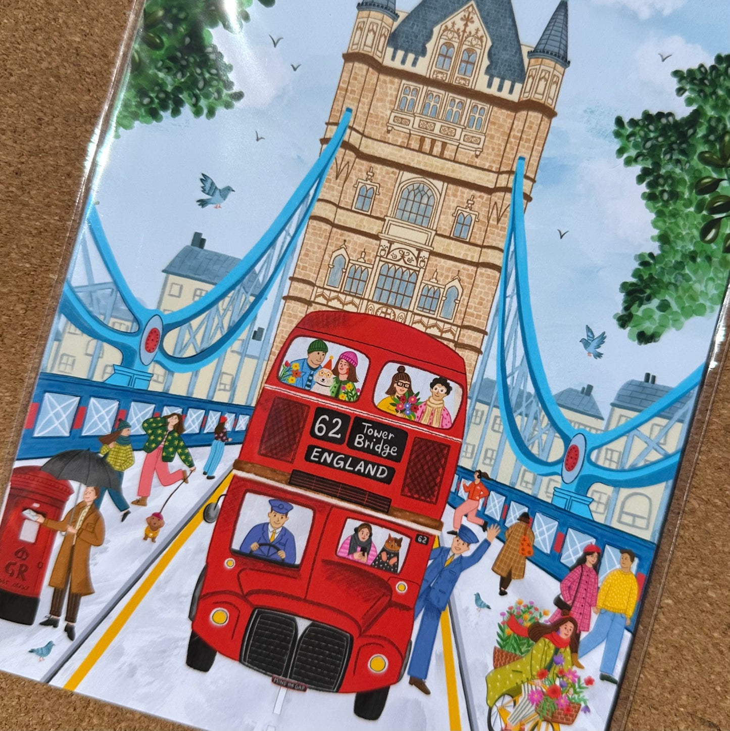 Illustration of a red double-decker bus and Tower Bridge with people around, on a colorful background.