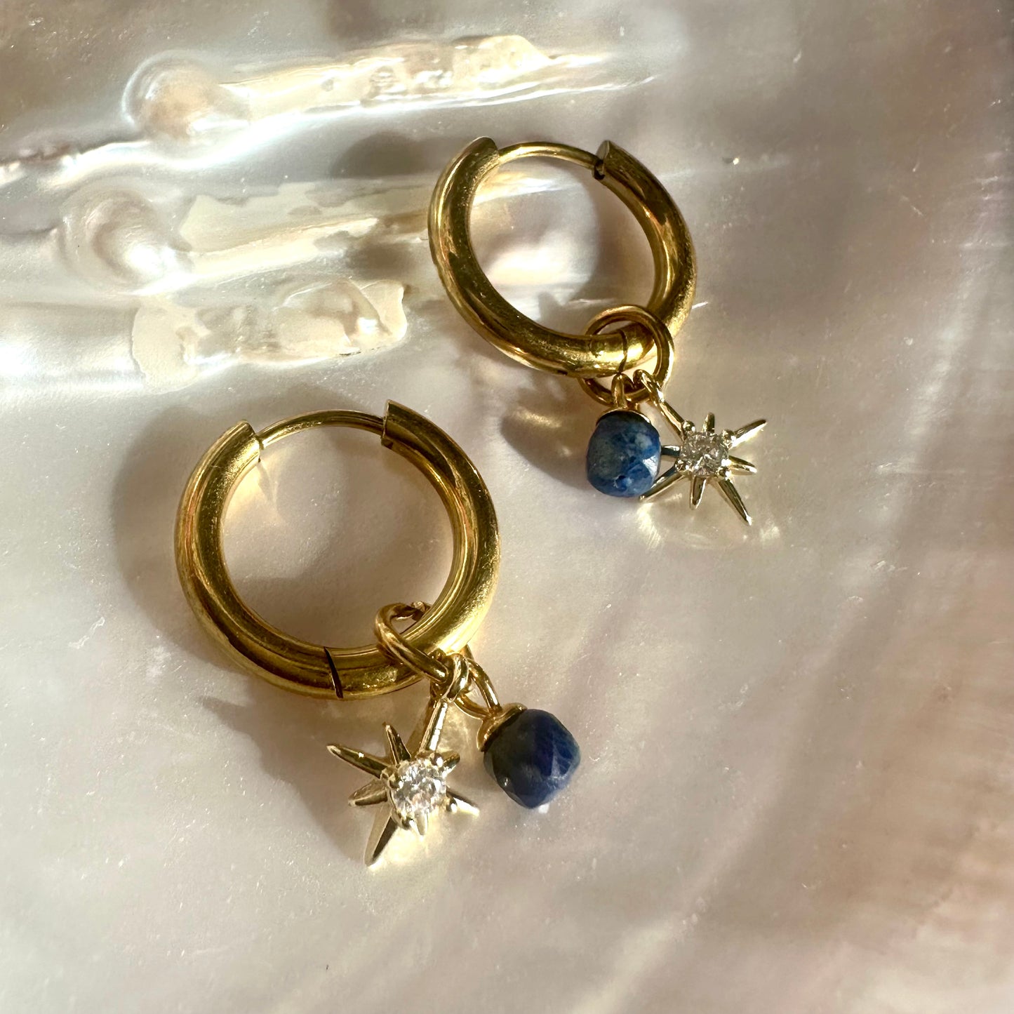 Aquamarine ✨ Midnight Blue “Night Court 18k gold Stars” Detachable Charm Hoop Earrings