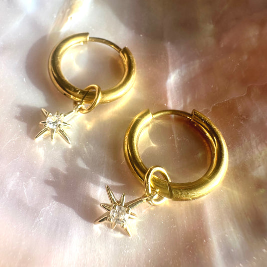 ✨ 14K Gold Rhinestone Star Charm Detachable Charm Hoop Earrings