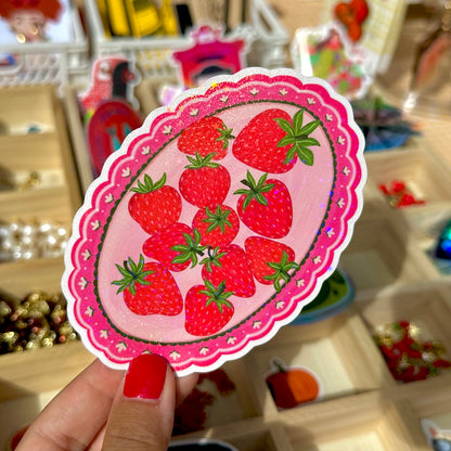 Strawberry Plate Vinyl Rainbow Glitter Sticker