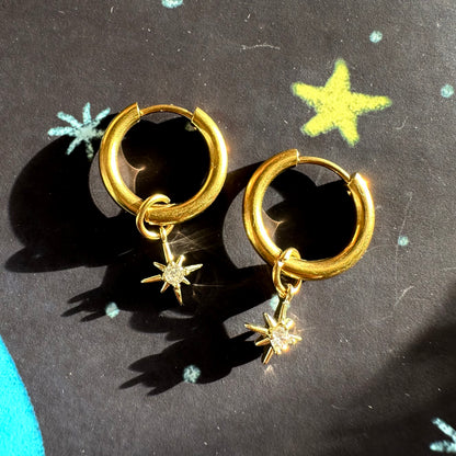 ✨ 18K Gold Rhinestone Star Charm Detachable Charm Hoop Earrings