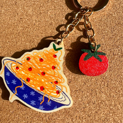 Bowl of Tomato Spaghetti Wooden Keyring