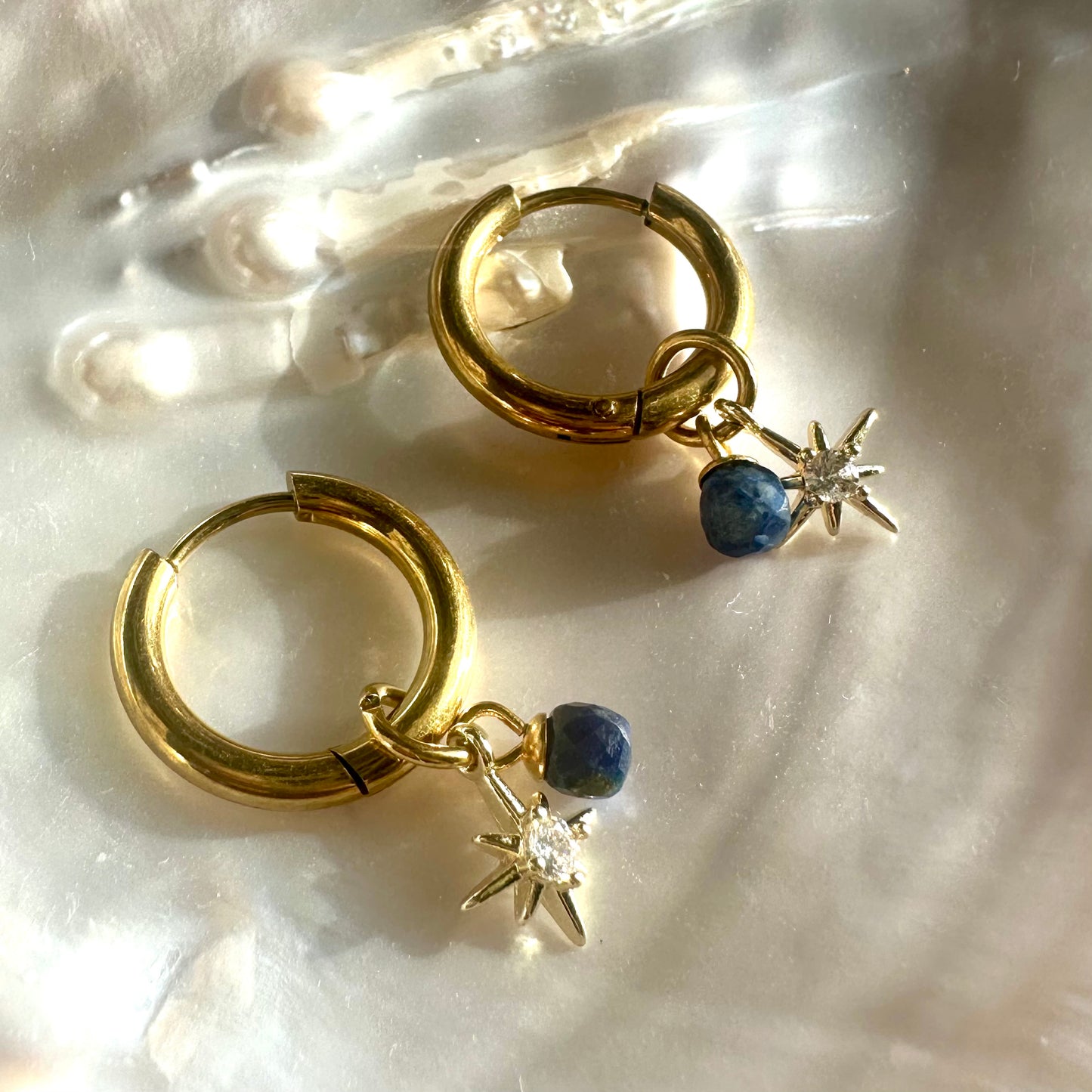 Aquamarine ✨ Midnight Blue “Night Court 18k gold Stars” Detachable Charm Hoop Earrings