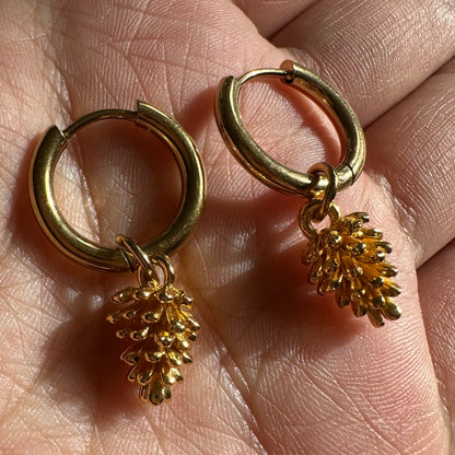 Gold Pine Cones Detachable Charm Hoop Earrings