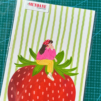 Illustration of a person sitting on a strawberry with green leaves on a striped background, featuring the brand 'Mundane'.