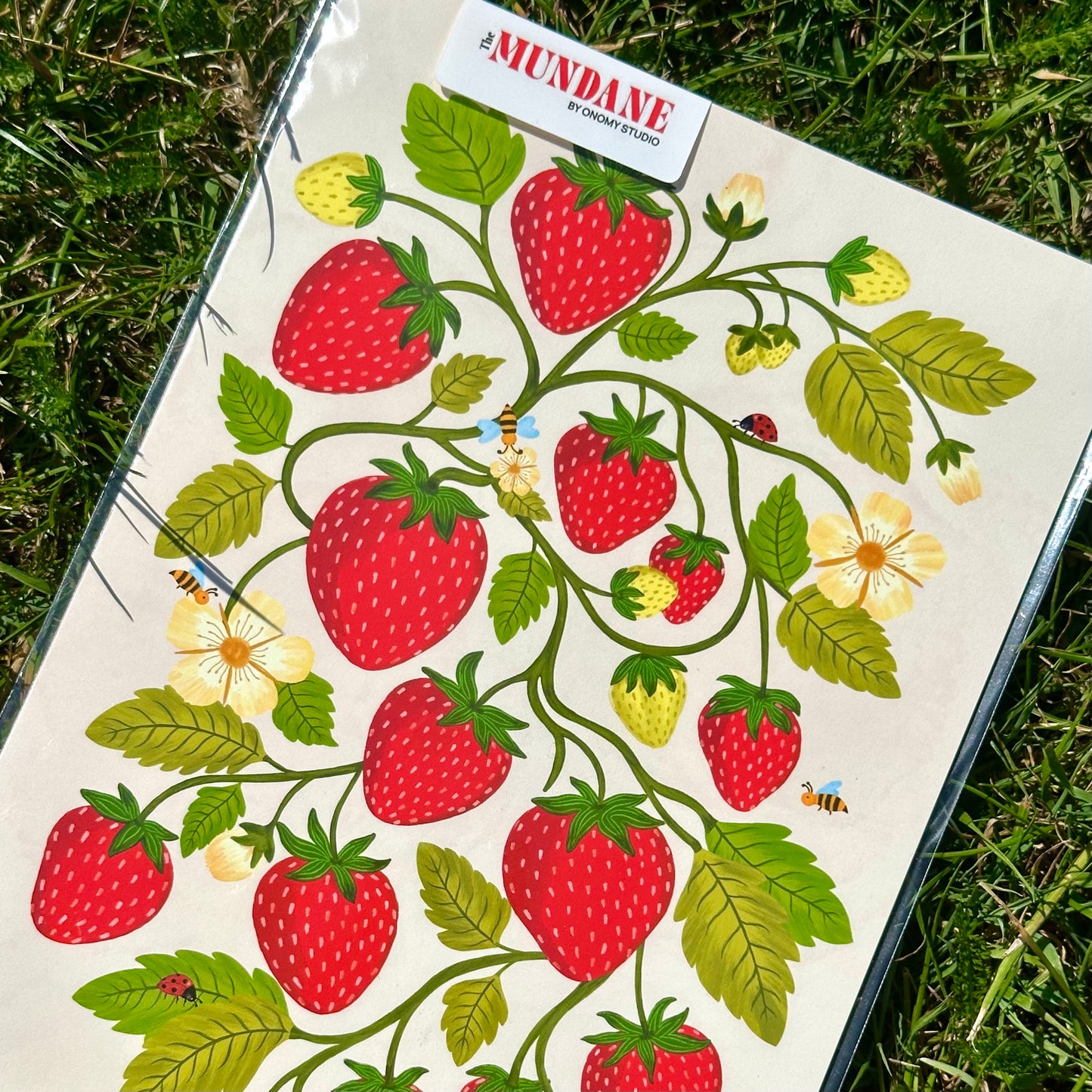 Sheet of strawberry-themed stickers with 'Mundane' branding on a grassy background