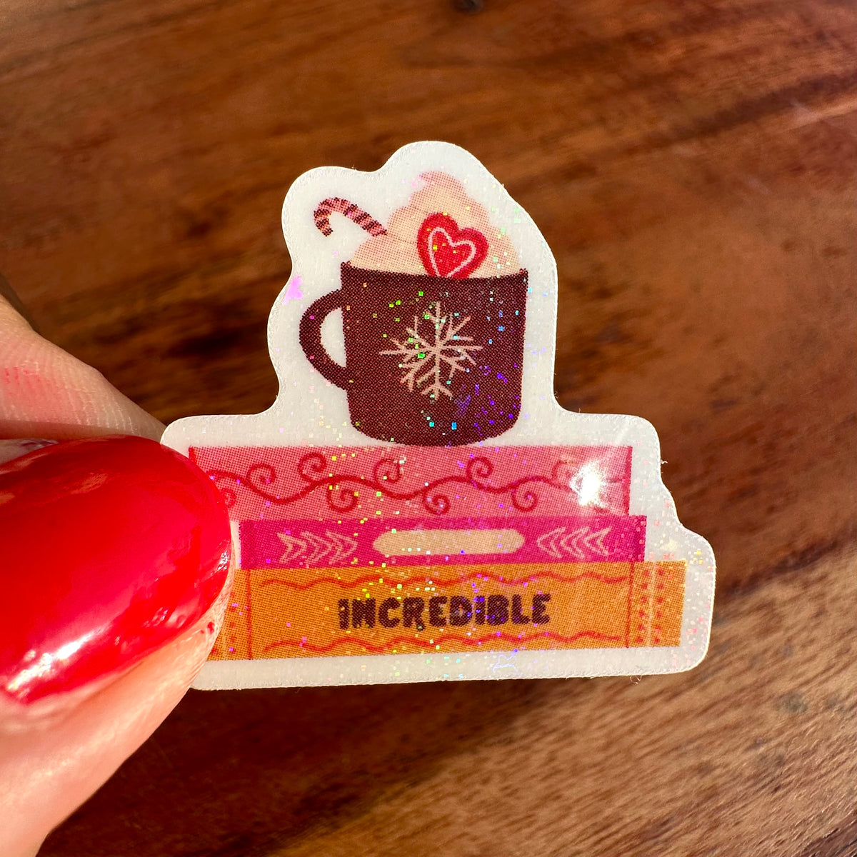 Book and Hot Chocolate Vinyl Rainbow Glitter Sticker