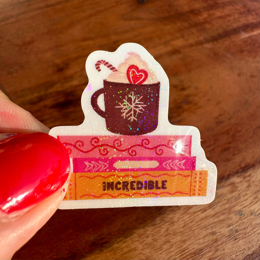 Book and Hot Chocolate Vinyl Rainbow Glitter Sticker