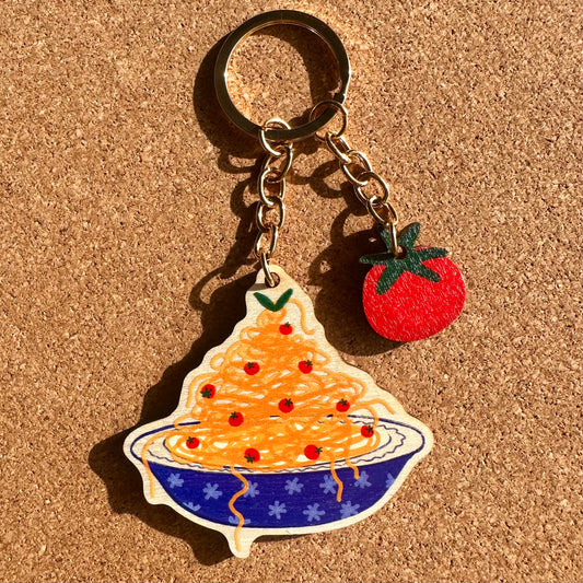 Bowl of Tomato Spaghetti Wooden Keyring