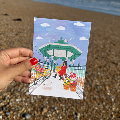 Hand drawn llustration postcardof brighton bandstand