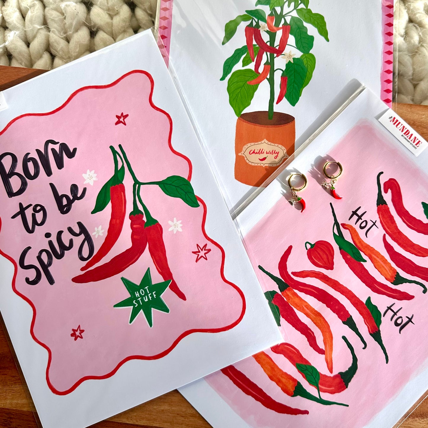 Gift Sets - 3 Chilli Art prints + Charm Earring