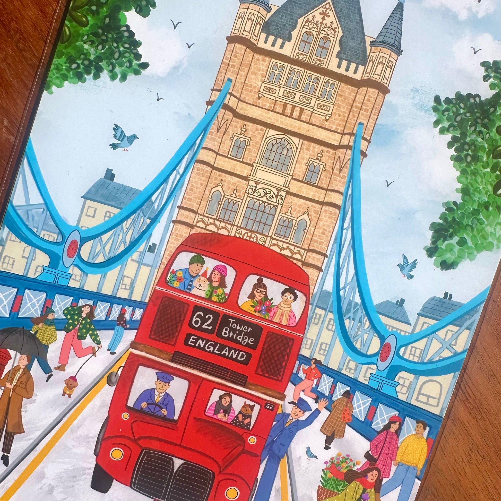 Illustration of a red bus with people on a street scene featuring a clock tower.