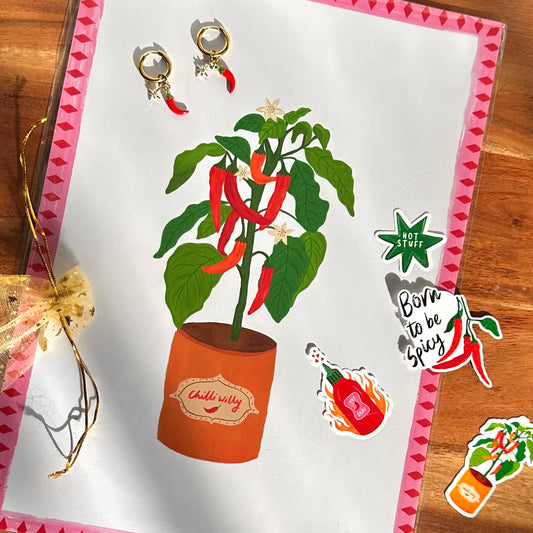 Gift Set - Chilly Willy A4 Art Print, Stickers & Charm earrings