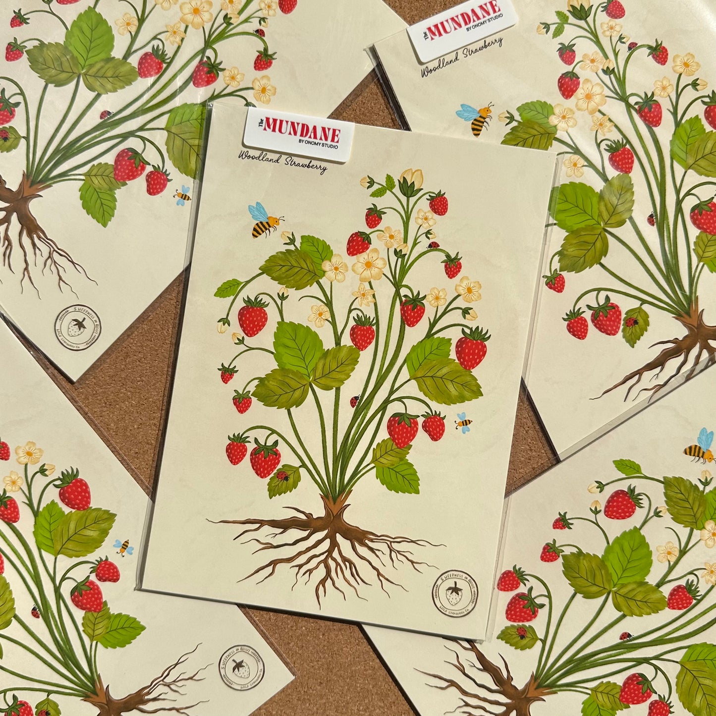 Set of seed packets with strawberry illustrations and 'Mundane' branding.