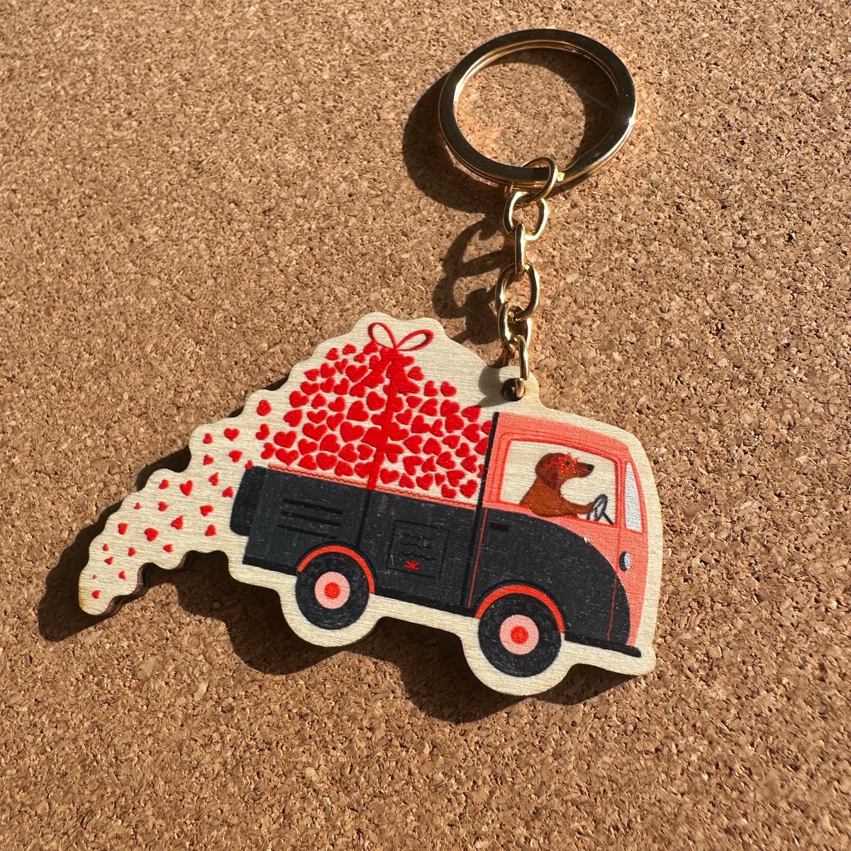 Love Truck Sausage Dog Wooden Keyring