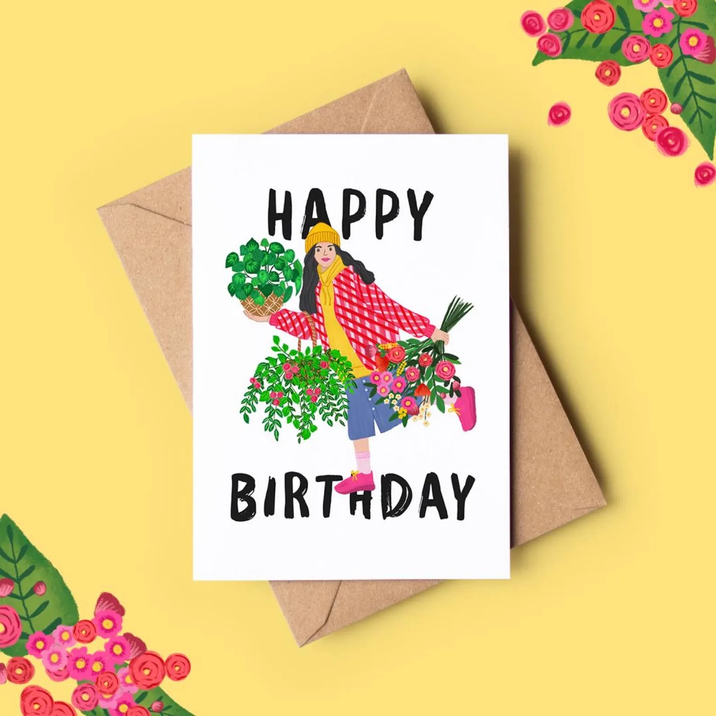 Birthday card with illustration of a stylish lady holding flowers