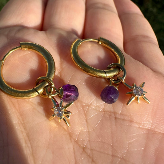 Amethyst 18k gold Stars” Detachable Charm Hoop Earrings