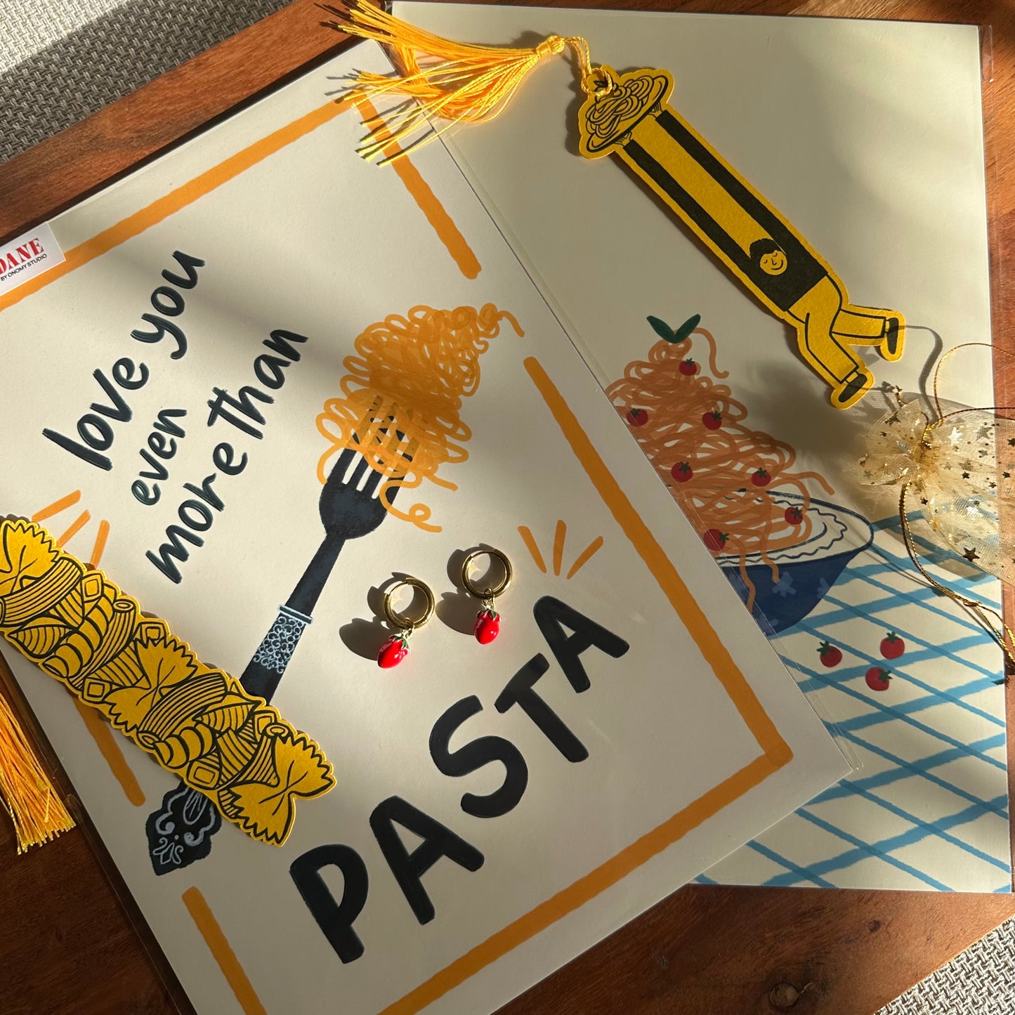 Pasta Gift Set - 2 A4 Art Prints / Tomato Earrings / 2 Book Marks