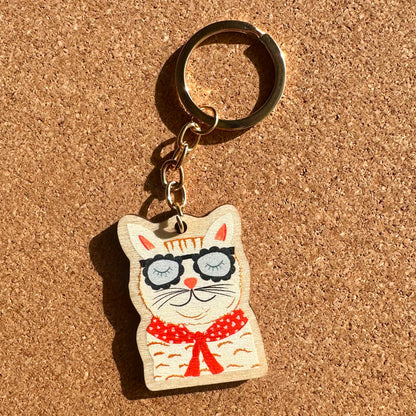 Cute Cat Wooden Keyring