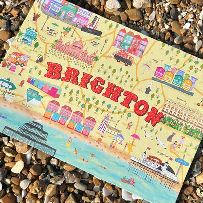 Illustrated map of Brighton on a pebbled surface