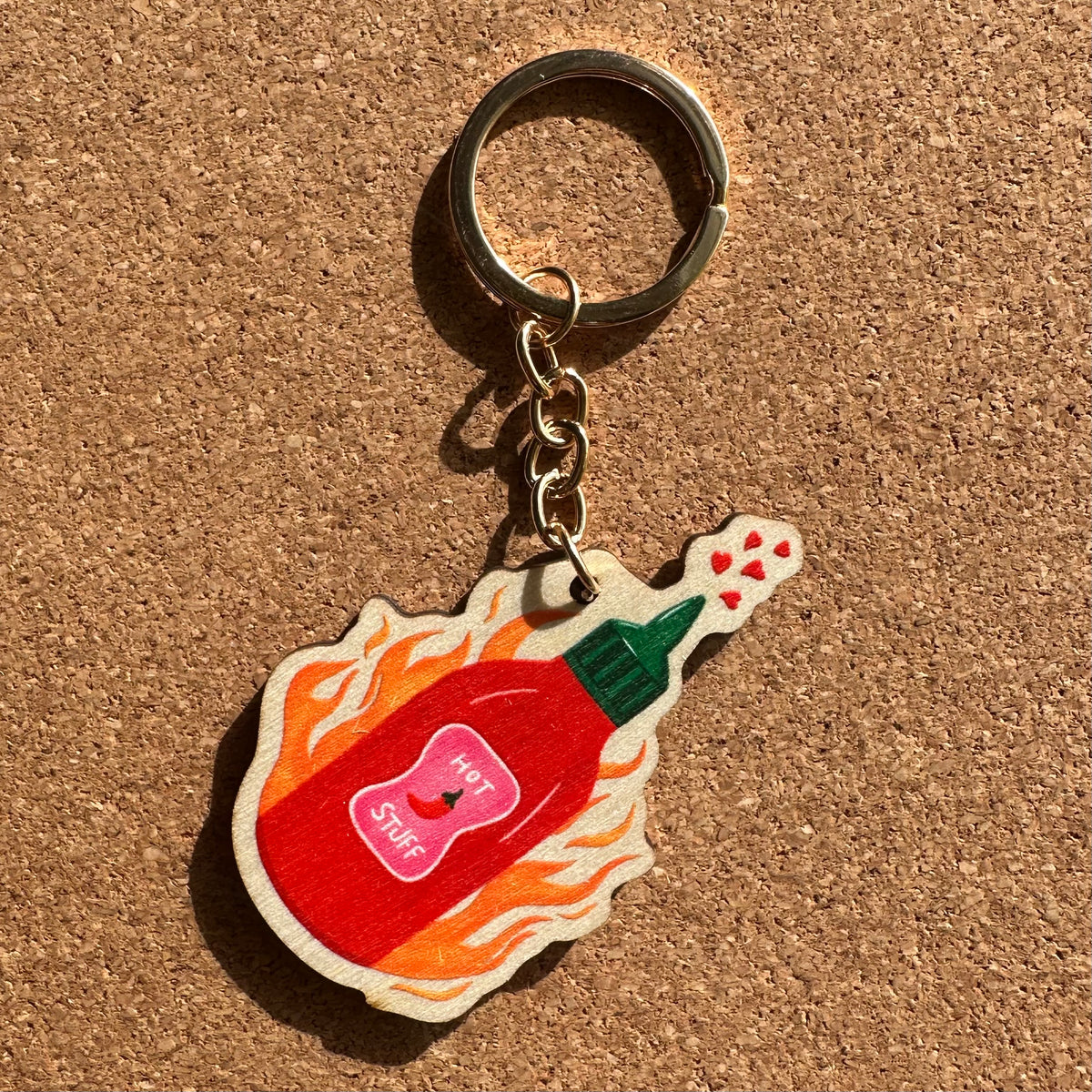 Hot Stuff Chilli Sauce Wooden Keyring
