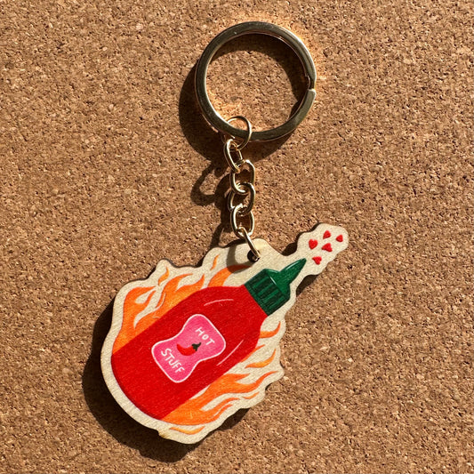 Hot Stuff Chilli Sauce Wooden Keyring