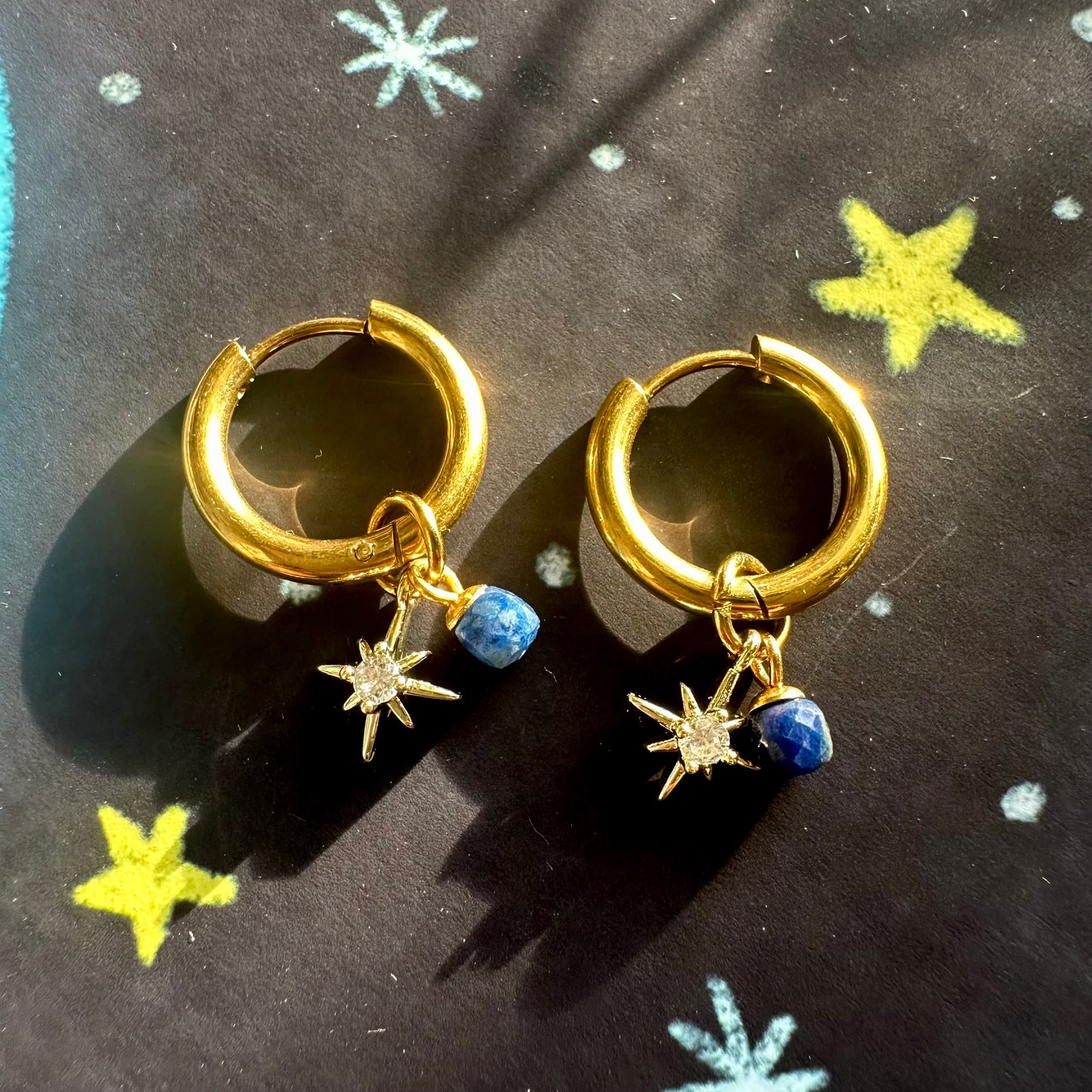 Aquamarine ✨ Midnight Blue “Night Court 18k gold Stars” Detachable Charm Hoop Earrings