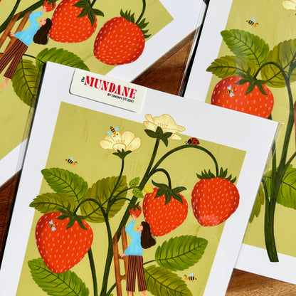 Illustrations of strawberries and people on a wooden surface, with 'The Mundane' branding.