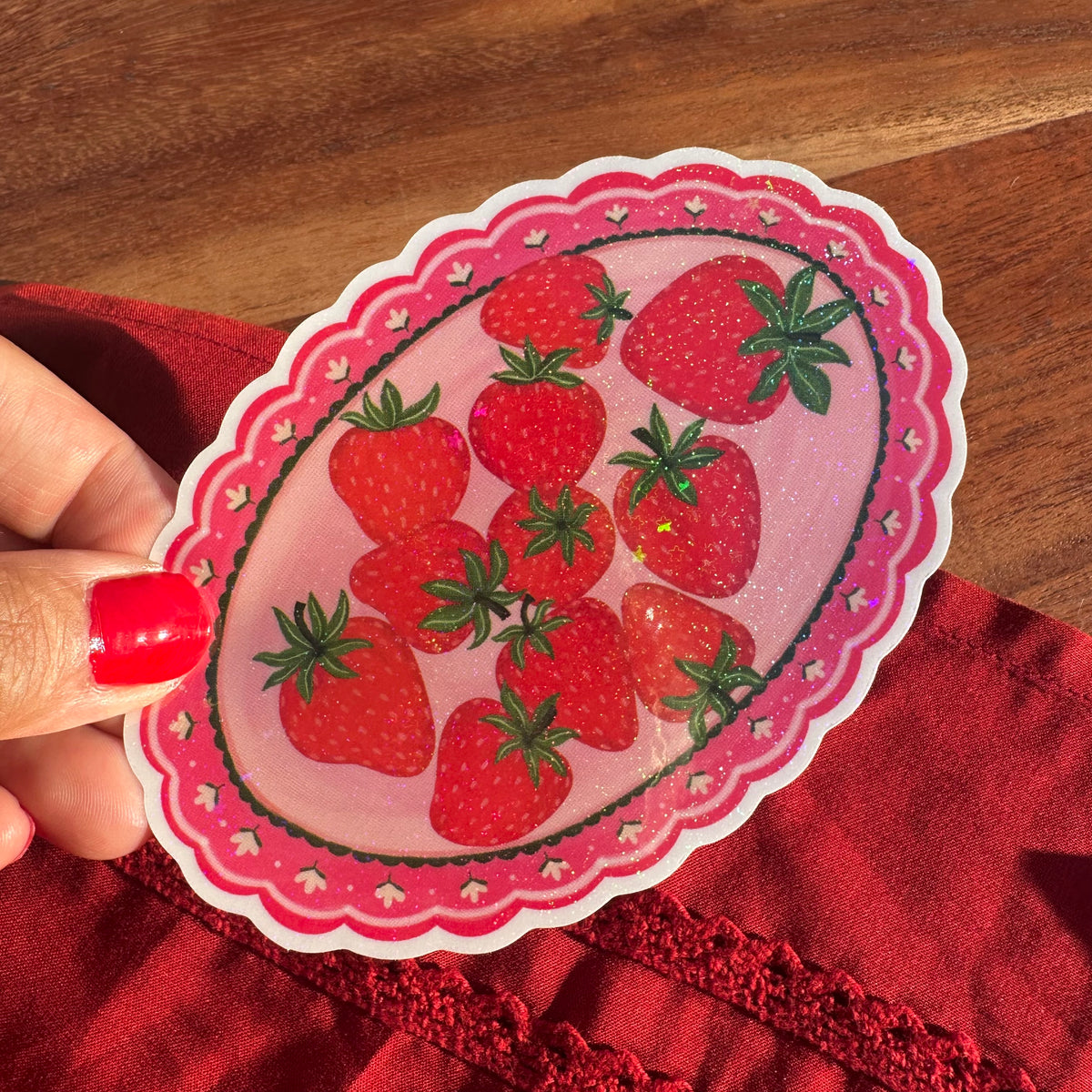 Strawberry Plate Vinyl Rainbow Glitter Sticker