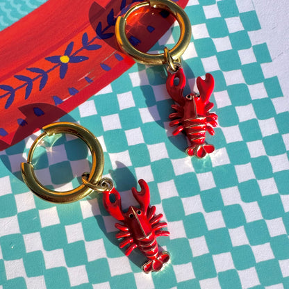 🦞 Lobster Coastal ✨ Detachable Enamel Charm Hoop Earrings