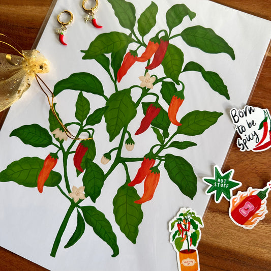 Chilli Gift Set - A4 Chilli Plant Art Print, Earrings & Stickers