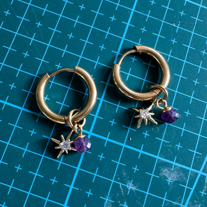 Amethyst 18k gold Stars” Detachable Charm Hoop Earrings