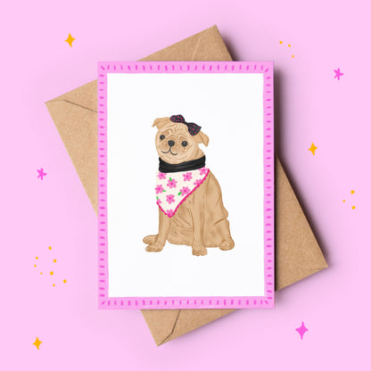 Card with a pug wearing a floral bandana on a pink background