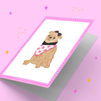 Illustration of a pug wearing a bandana on a pink background with decorative elements.