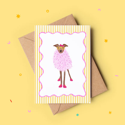 Greeting card with a dog illustration wearing a pink outfit on a yellow background