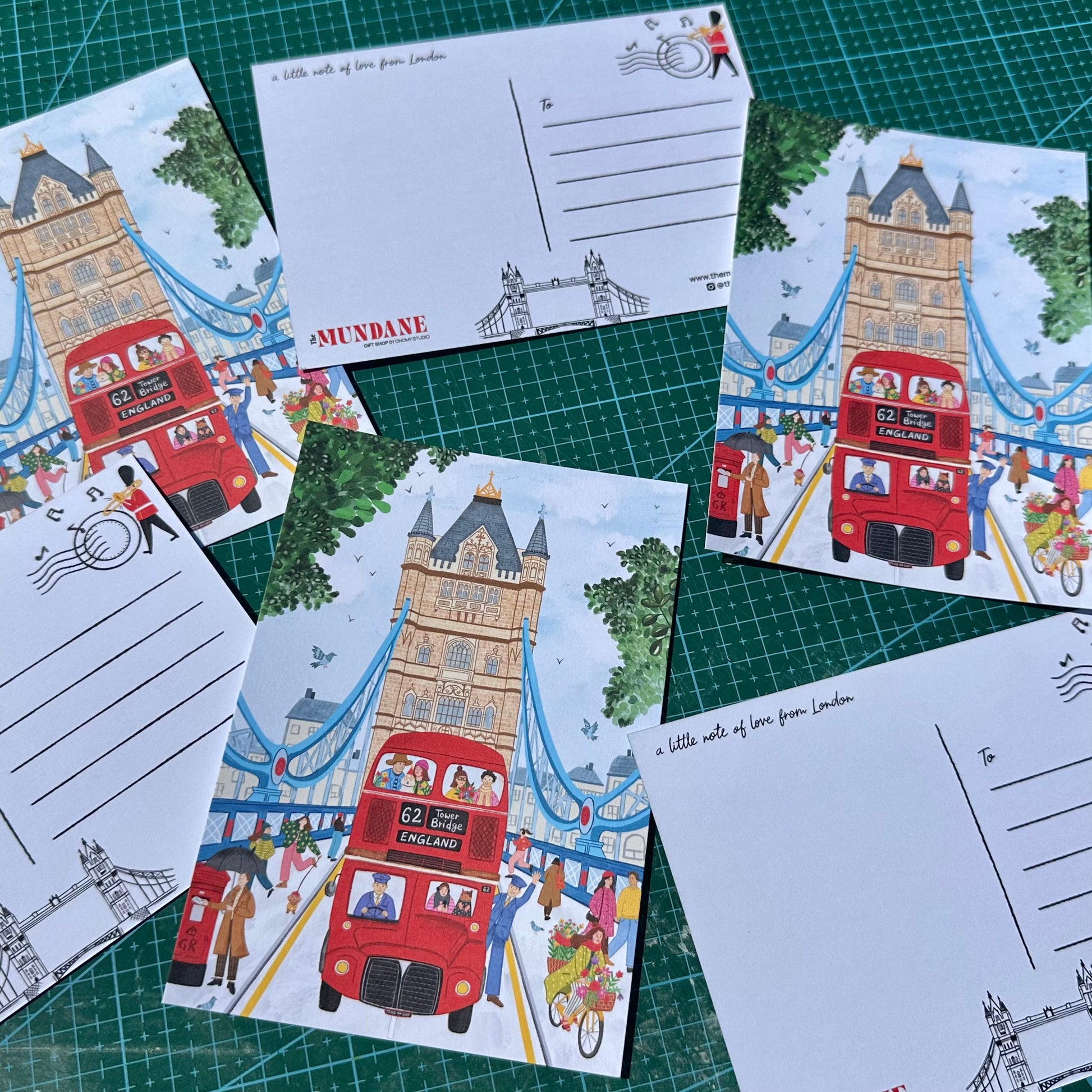 Illustrated London postcard propped up, Tower Bridge souvenir gift for tourists and London lovers
