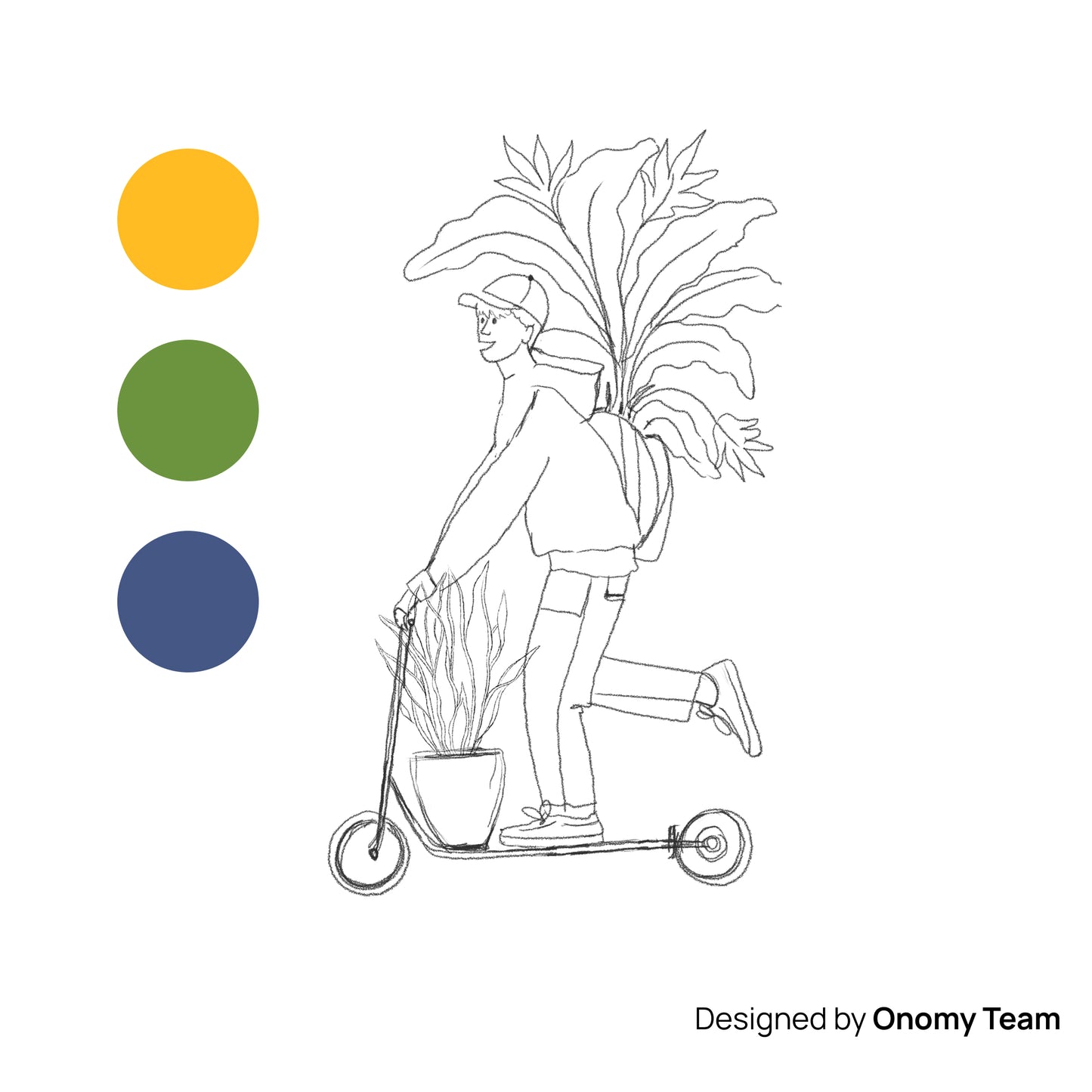 Potted and Ready to Roll, scooter Guy Carrying Plants Art Print