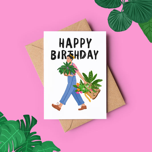 Miss Dungarees & Her Plants Birthday Card